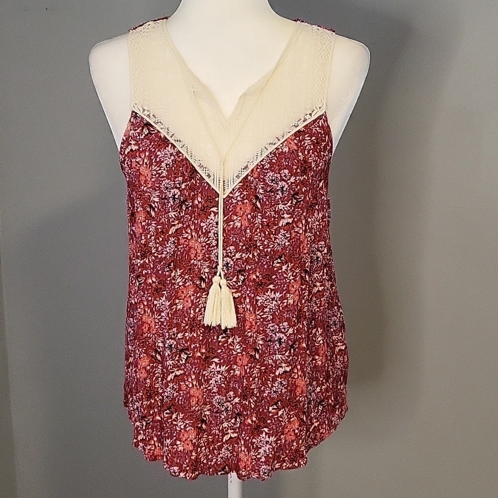 No Boundaries Sleeveless Lace Detail Pullover Boho Gauzey Floral Top Sz L 11-13